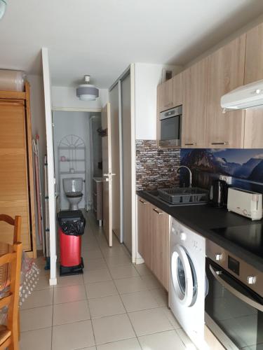 - une cuisine avec lave-linge et sèche-linge dans la chambre dans l'établissement jolie appartement a cauterets, à Cauterets