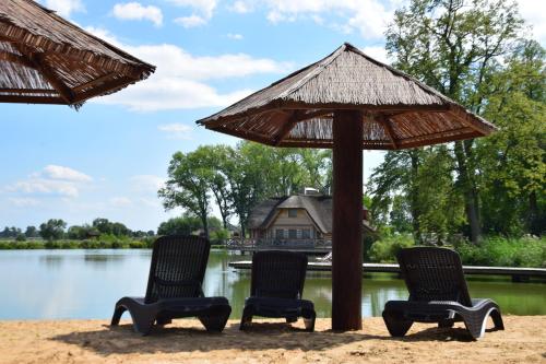 three chairs and an umbrella on the sand near a lake at Hotel&SPA Dwór Droblin in Leśna Podlaska