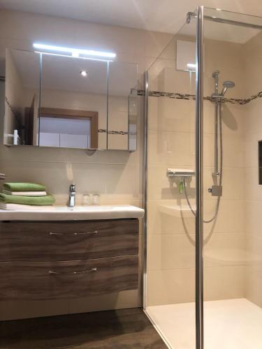 a bathroom with a shower and a sink and a mirror at Singerhof in Fulpmes