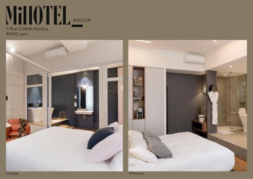 a bedroom with a large white bed and a bathroom at MiHotel Bizolon in Lyon