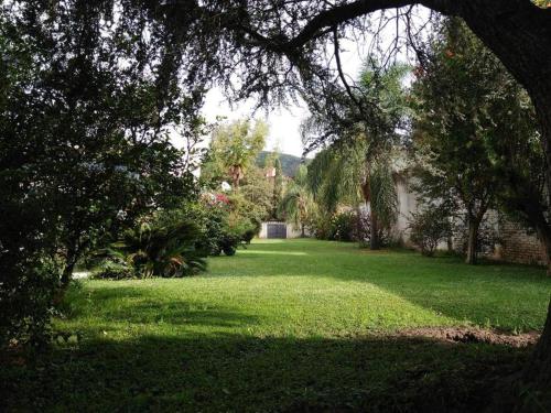 einen Hof mit grünem Gras und Bäumen und ein Haus in der Unterkunft Rancho Aparte II in Salta