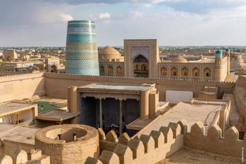 a view of a city with a mosque and buildings at Khan hotel in Khiva