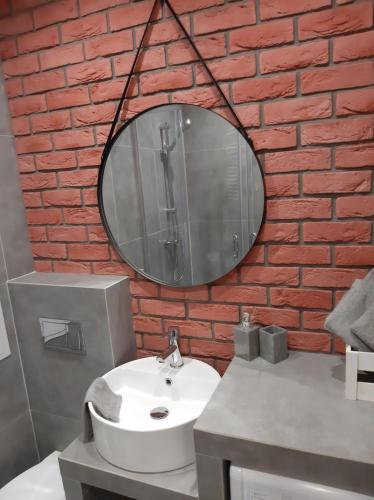 Łazienka z białą umywalką i ścianą z czerwonej cegły w obiekcie Apartament Port w Ostródzie