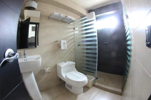 y baño con aseo, lavabo y ducha. en Hotel Portonovo Plaza Malecon, en Puerto Vallarta