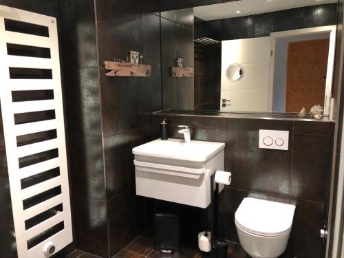 a bathroom with a toilet and a sink and a mirror at Ferienwohnungostseeblick in Börgerende-Rethwisch
