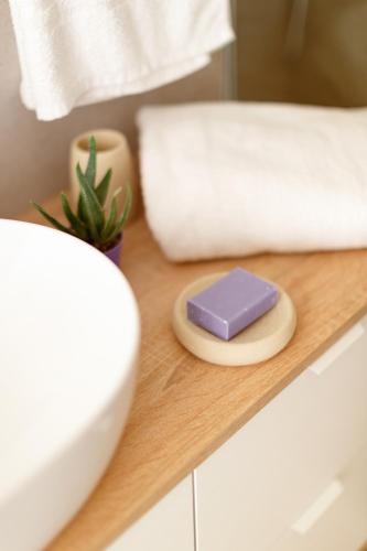 a purple bar of soap on a counter in a bathroom at Ollihomes Relaxury Apartment in Cagliari