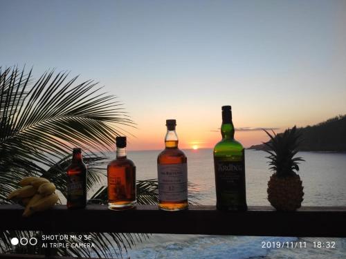 four bottles of alcohol sitting on a ledge near the ocean at Nolitha 2 in Manapany-les Bains