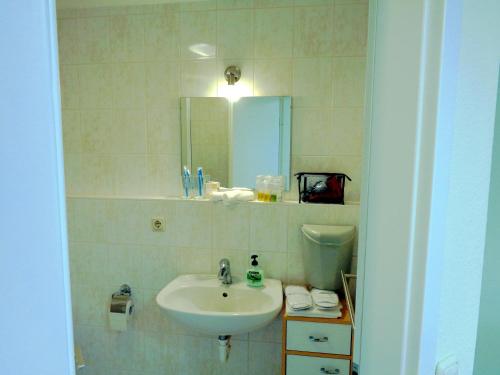 a bathroom with a sink and a mirror at Gästehaus Schiemann in Teterow