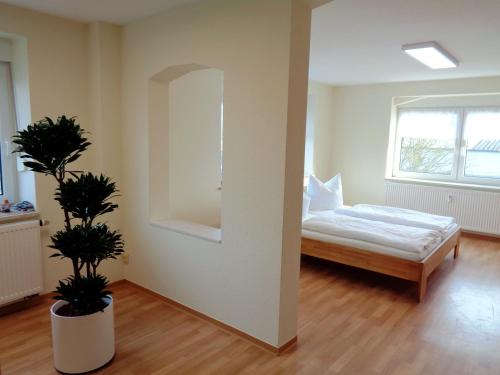 a bedroom with a bed and two potted plants at Gästehaus Schiemann in Teterow