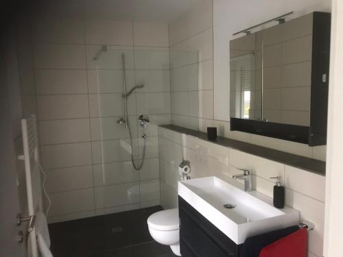 La salle de bains est pourvue d'un lavabo, de toilettes et d'un miroir. dans l'établissement Ferienwohnung Wildes Wässerchen, à Bad Hersfeld