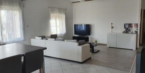 sala de estar con sofá blanco y TV en haut de la carquette, en Meynes