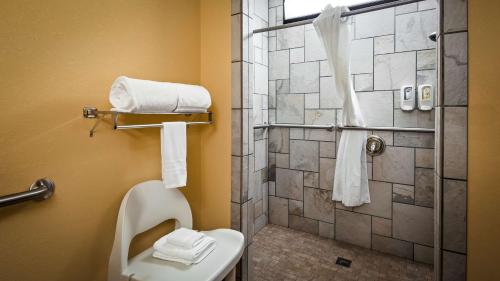 a bathroom with a shower and a toilet with towels at Bryson Inn in Mount Airy