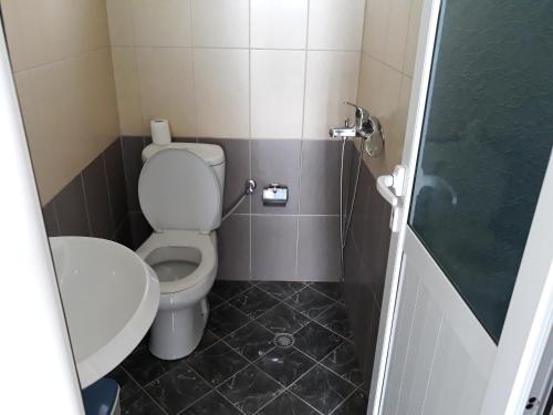 a small bathroom with a toilet and a shower at Vela e Bardhe in Dhërmi