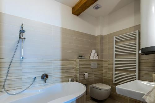 łazienka z wanną, toaletą i umywalką w obiekcie Horský apartmán Václavov w mieście Vaclavov u Bruntalu