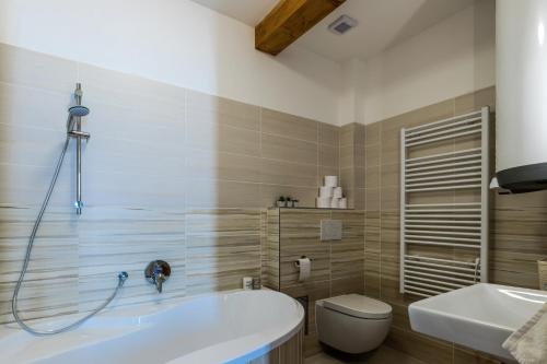 łazienka z wanną, toaletą i umywalką w obiekcie Horský apartmán Václavov w mieście Vaclavov u Bruntalu