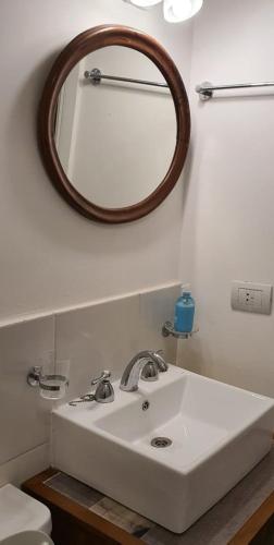 a bathroom with a white sink and a mirror at Horizonte Piedrabuena in San Martín de los Andes