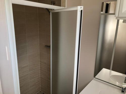 a shower stall in a bathroom with a sink at Gîte des Cailloteux in Couffy