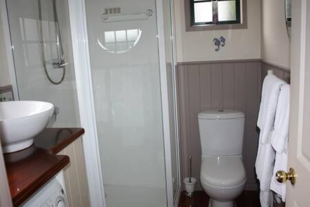 a small bathroom with a toilet and a sink at Private seaside couples hideaway in Kaka Point