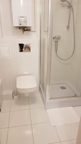 a white bathroom with a shower and a toilet at Rynek Staromiejski Apartment in Koszalin