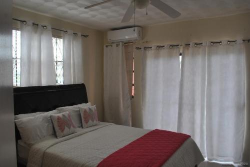 a bedroom with a bed with white curtains and a fan at Tropical Hideaway in Nassau