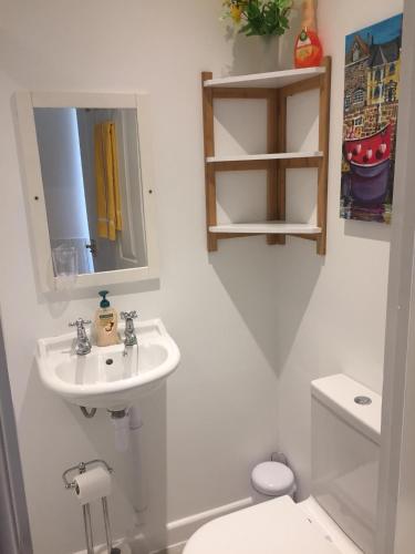 a white bathroom with a sink and a toilet at Rock Cottage in Callington