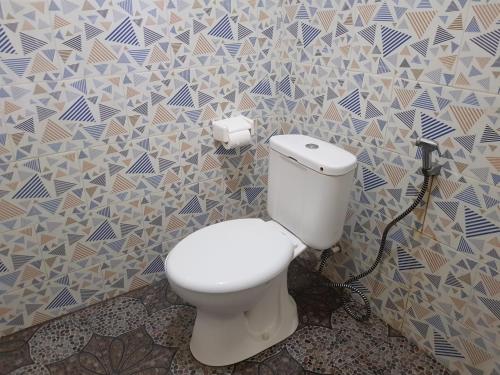 ein Bad mit einem weißen WC in einer Wand in der Unterkunft The Valley Green Cottage And Massage in Nusa Penida