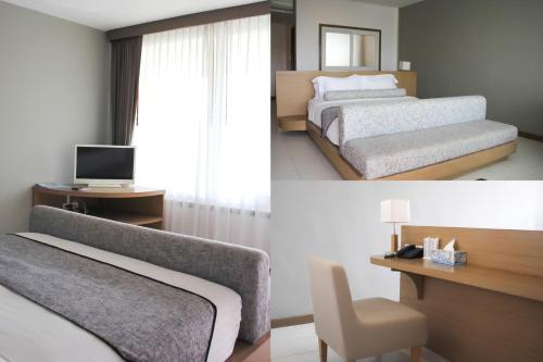 two pictures of a bedroom with two beds and a desk at Suan Sai Yok Resort in Sai Yok