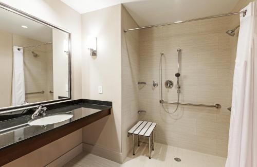a bathroom with a sink and a shower at Clarion Hotel The Colony - Plano West in The Colony