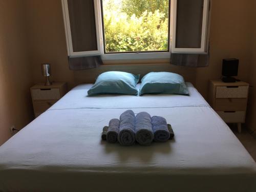 - une chambre avec un lit et 3 serviettes dans l'établissement Villa 3 room AC garden pool parking 2 min beach by car, à Cannes