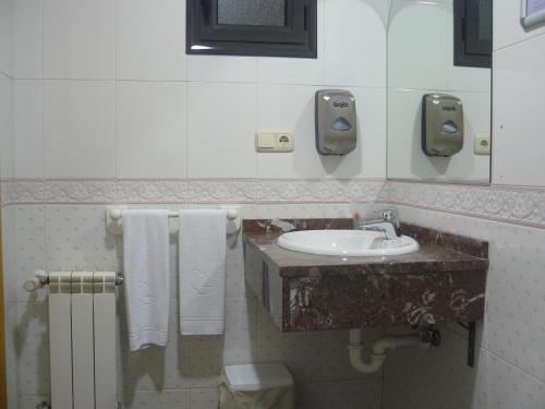 a bathroom with a sink and a mirror and towels at Hotel Aitana in Irún