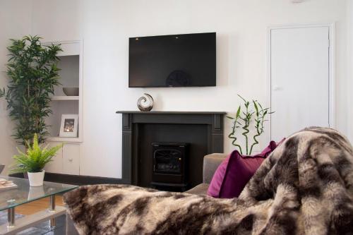 a living room with a fireplace and a tv on the wall at Flower In Hand Apartment in Norwich