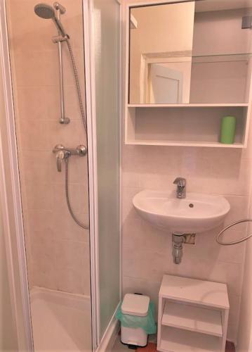 une petite salle de bain avec un lavabo et une douche dans l'établissement LA PROVENÇALE, à Orange