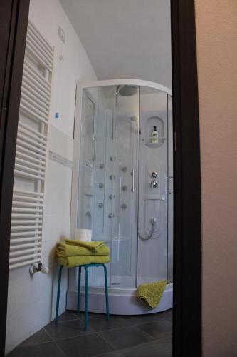 a bathroom with a shower with a stool in it at Bed&Braja in Vische