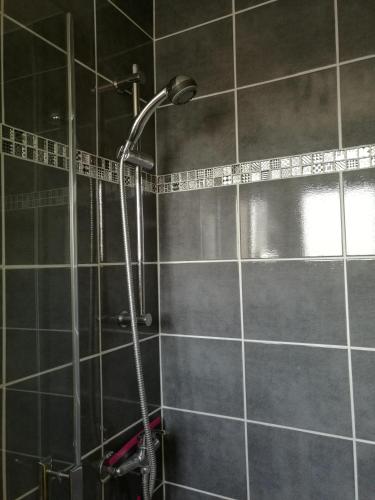 une douche avec pommeau de douche dans une salle de bain dans l'établissement Le Moussaillon - F2 à 20 m de la plage, à Palavas-les-Flots