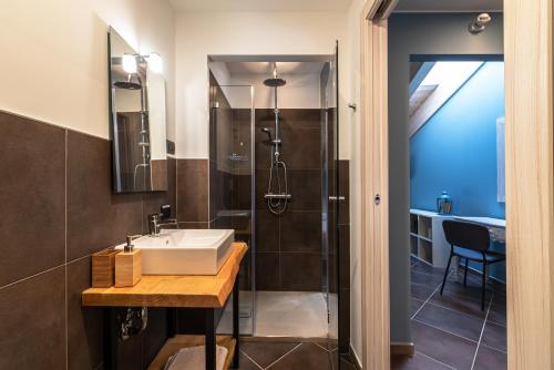 La salle de bains est pourvue d'un lavabo et d'une douche. dans l'établissement AL TORRIONE, à Casalmaggiore
