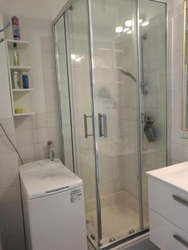 La salle de bains est pourvue d'une douche, d'un lavabo et d'un réfrigérateur. dans l'établissement Le Saint Roch - belle vue mer en plein centre ville, à Palavas-les-Flots