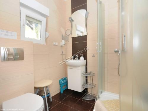 a bathroom with a shower and a toilet and a sink at Pod Muzami in Rewal