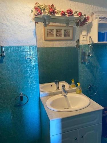 La salle de bains est pourvue d'un lavabo et d'un mur bleu. dans l'établissement Villa Sorbo, à LʼÎle-Rousse