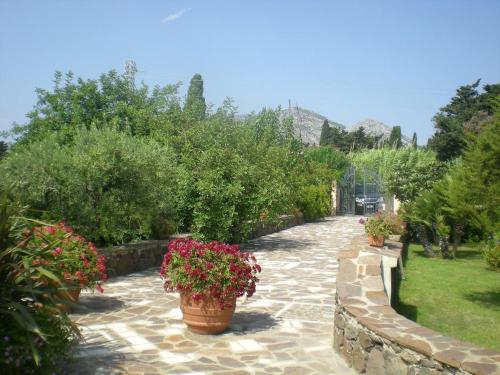 a garden with potted plants and flowers on a path at Sisula Country Hotel & SPA in Orosei