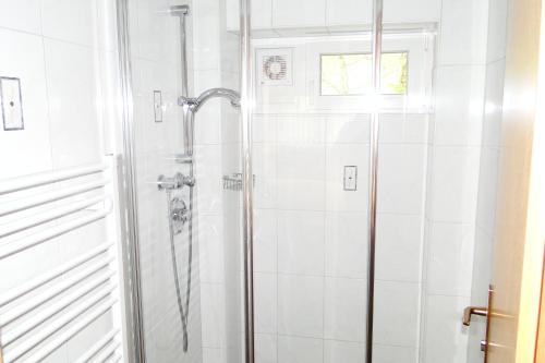 a shower with a glass door in a bathroom at Ferienwohnungen Annelies in Tux