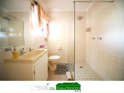 ein Bad mit einer Dusche, einem Waschbecken und einem WC in der Unterkunft De Keurboom Guesthouse in Kuilsrivier