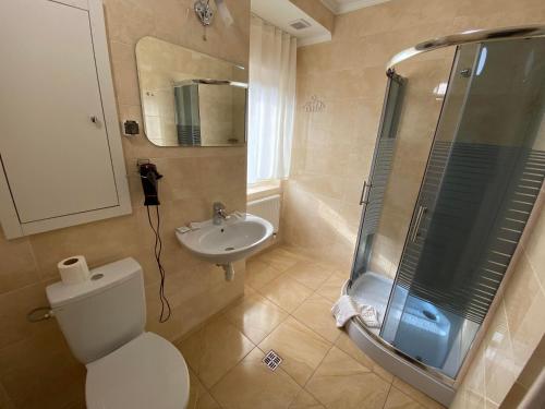 a bathroom with a toilet and a shower and a sink at Autopark Hotel in Lviv