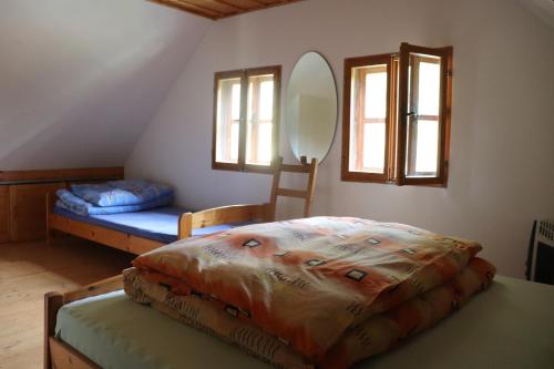 1 dormitorio con cama, espejo y ventanas en Privat No. 2, en Adršpach