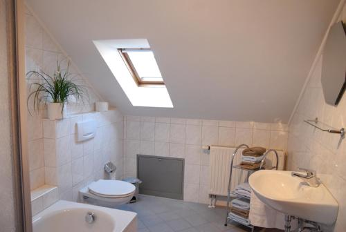 a bathroom with a sink toilet and a skylight at Weingut & Ferienwohnungen Kirch in Nordheim
