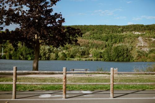 a park bench next to a lake with a tree at Balcons sur Seine - Vernon Giverny in Vernon