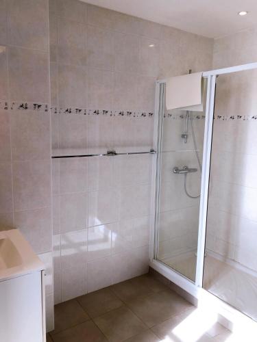 a shower with a glass door in a bathroom at Le Rieussec in Saillans