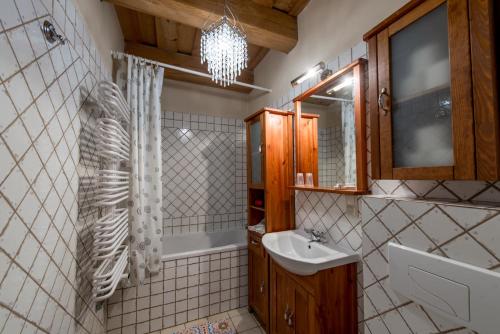 uma casa de banho com um lavatório e um espelho em Domek Lipowy Most em Supraśl