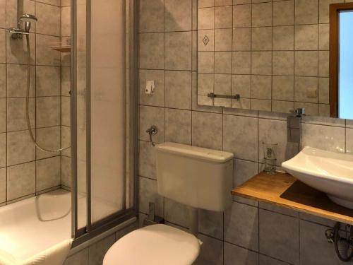 a bathroom with a toilet and a sink and a shower at Landlust Hotel in Gransee