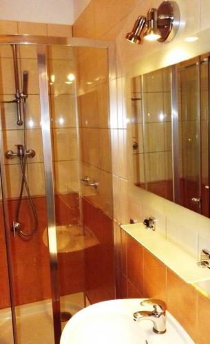 La salle de bains est pourvue d'une douche, d'un lavabo et d'un miroir. dans l'établissement DAVIO dla 2 osób, à Międzyzdroje