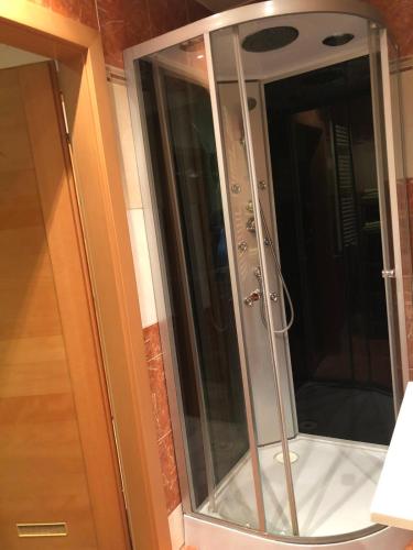 y baño con ducha y puerta de cristal. en Nina Apartment, en Wiener Neustadt